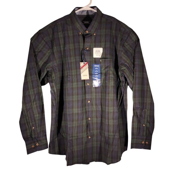 IZOD shirt mens L Large green blue plaid heritage tartan sport FLEX stretch - Picture 1 of 11